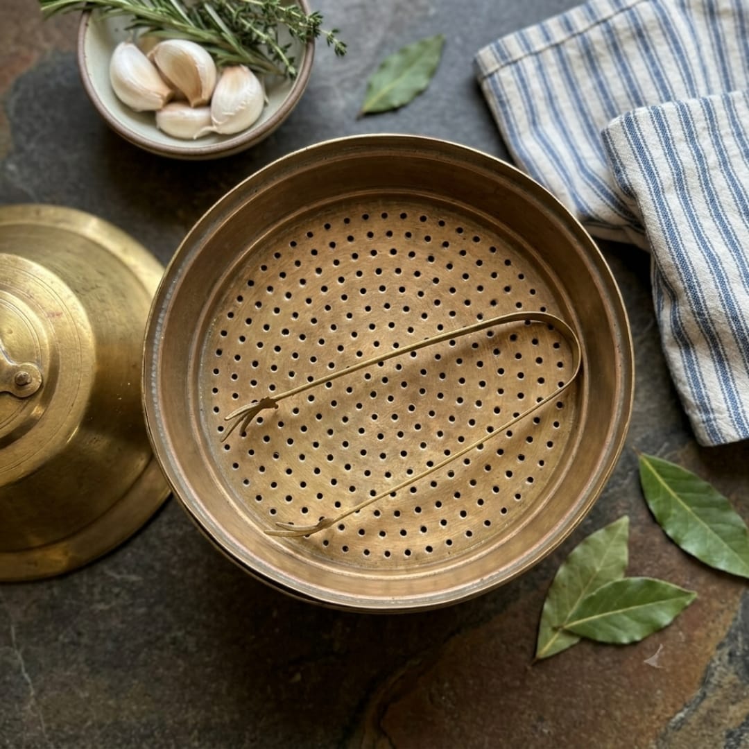 Antique Peetal Tiered Steamer Pot with Perforated Insert and Lid | Traditional Brass Steaming Vessel | Made in 1974