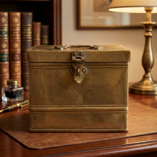 Antique Peetal Storage Box with Handle and Latch | Traditional Brass Document Chest | Made in 1936