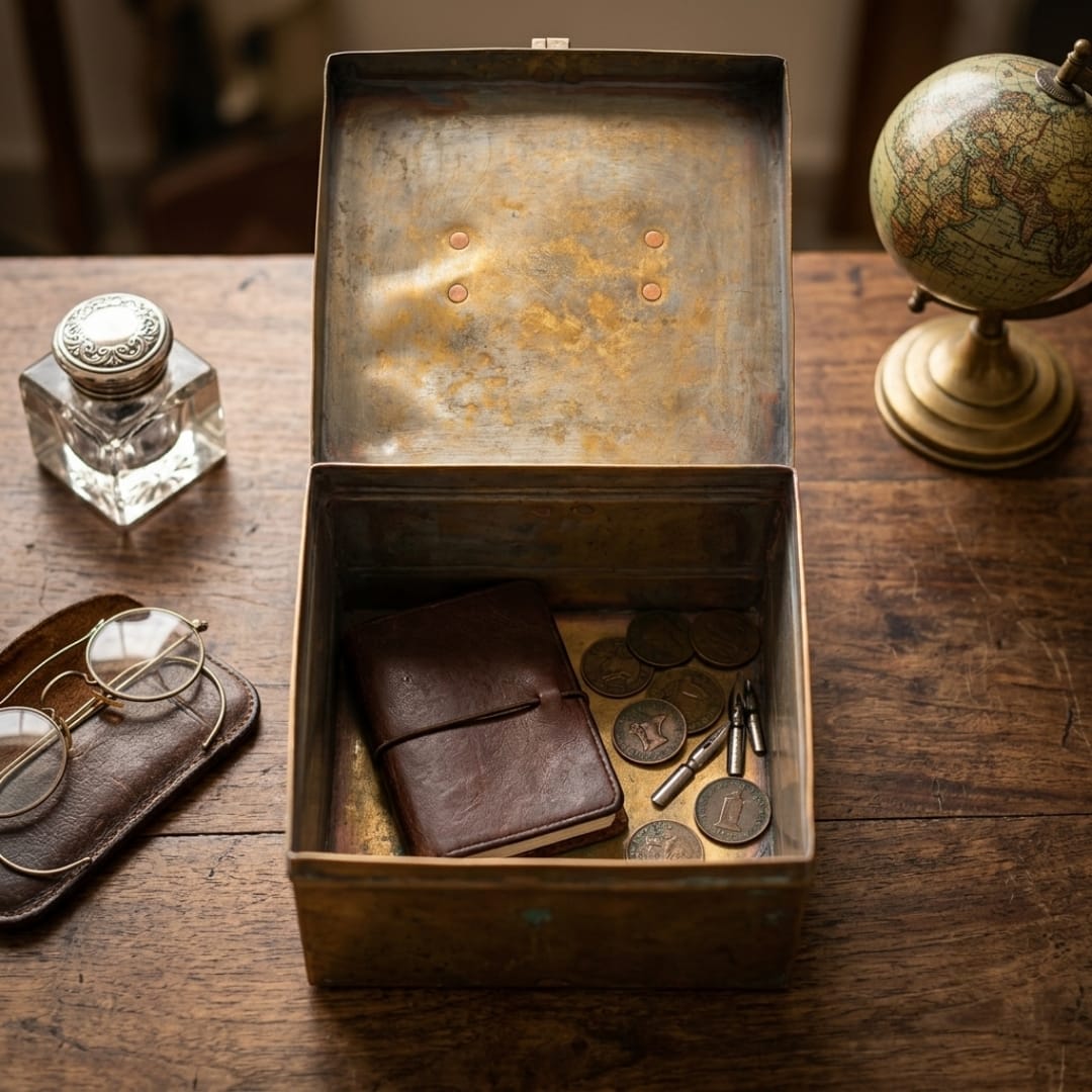 Antique Peetal Storage Box with Handle and Latch | Traditional Brass Document Chest | Made in 1936