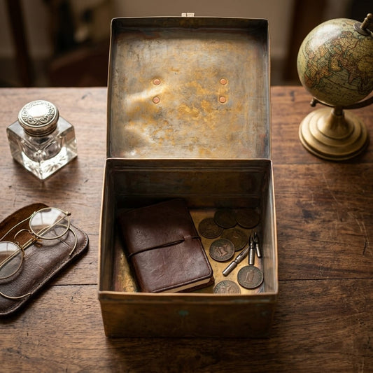 Antique Peetal Storage Box with Handle and Latch | Traditional Brass Document Chest | Made in 1936