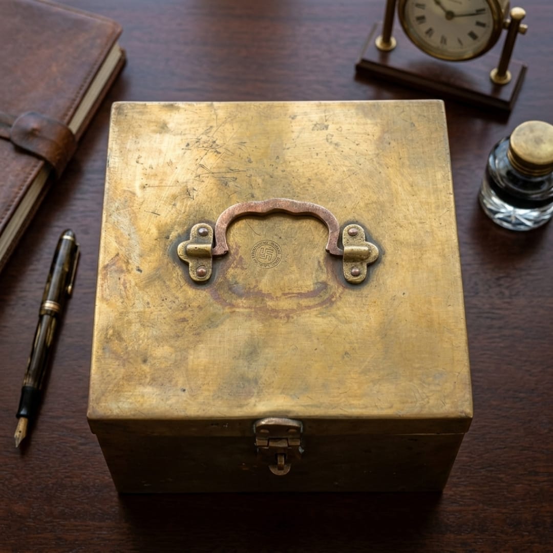 Antique Peetal Storage Box with Handle and Latch | Traditional Brass Document Chest | Made in 1936