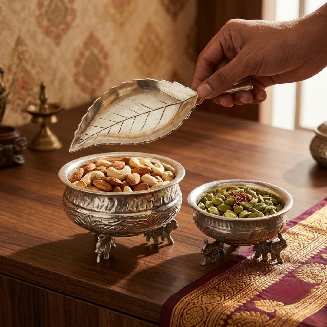 Antique Brass Serving Bowl Pair with Leaf Tray | Traditional Brass Serveware | Made in 1983