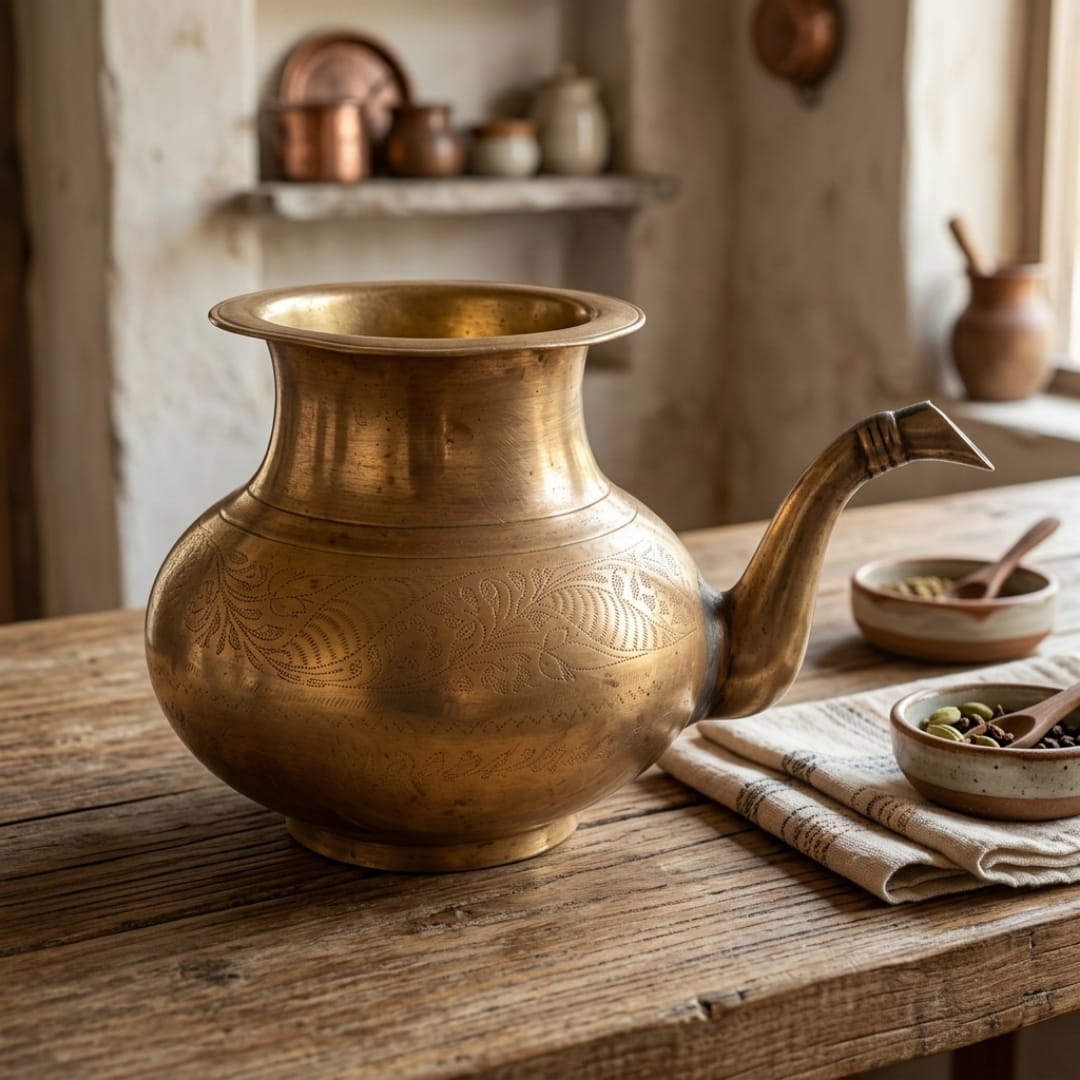 Antique Peetal Engraved Kamandal | Traditional Brass Spouted Water Vessel | Made in 1970