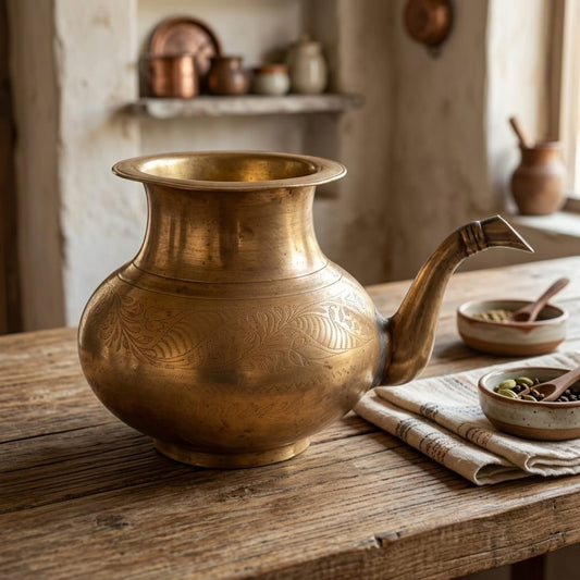 Antique Peetal Engraved Kamandal | Traditional Brass Spouted Water Vessel | Made in 1970