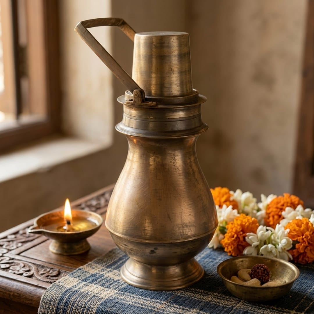 Antique Bronze Water Bottle | Traditional Lidded Storage Flask | Made in 1970