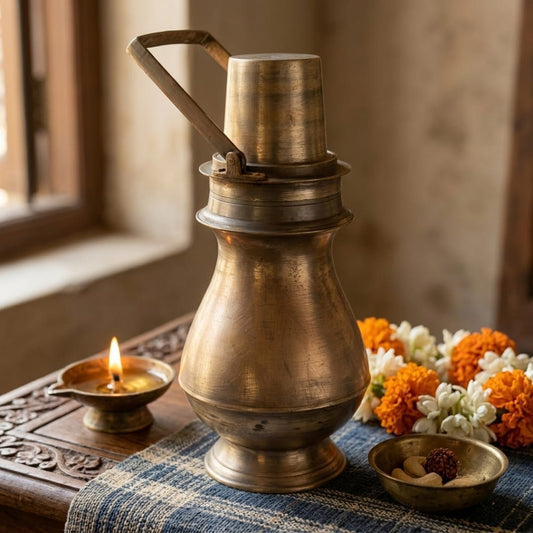 Antique Bronze Water Bottle | Traditional Lidded Storage Flask | Made in 1970