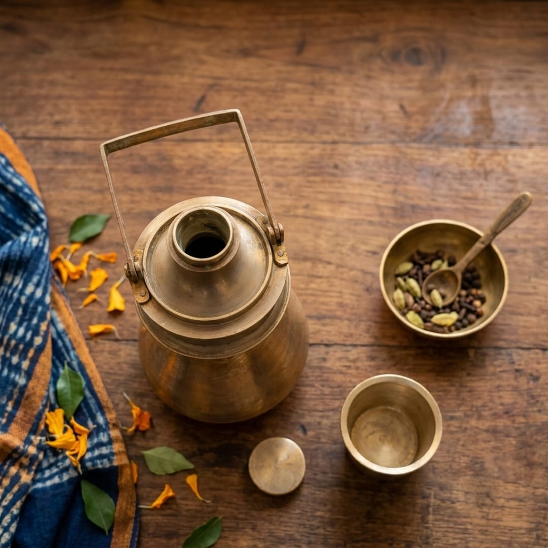 Antique Bronze Water Bottle | Traditional Lidded Storage Flask | Made in 1970