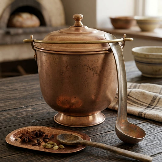 Antique Peetal Lidded Serving Pot with Ladle | Traditional Brass Storage Vessel | Made in 1970