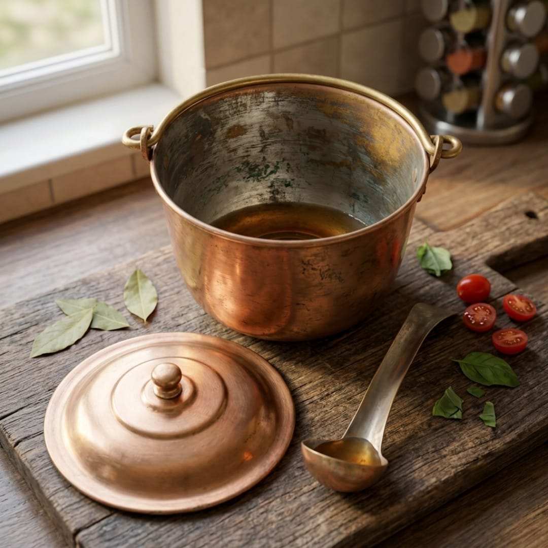 Antique Peetal Lidded Serving Pot with Ladle | Traditional Brass Storage Vessel | Made in 1970