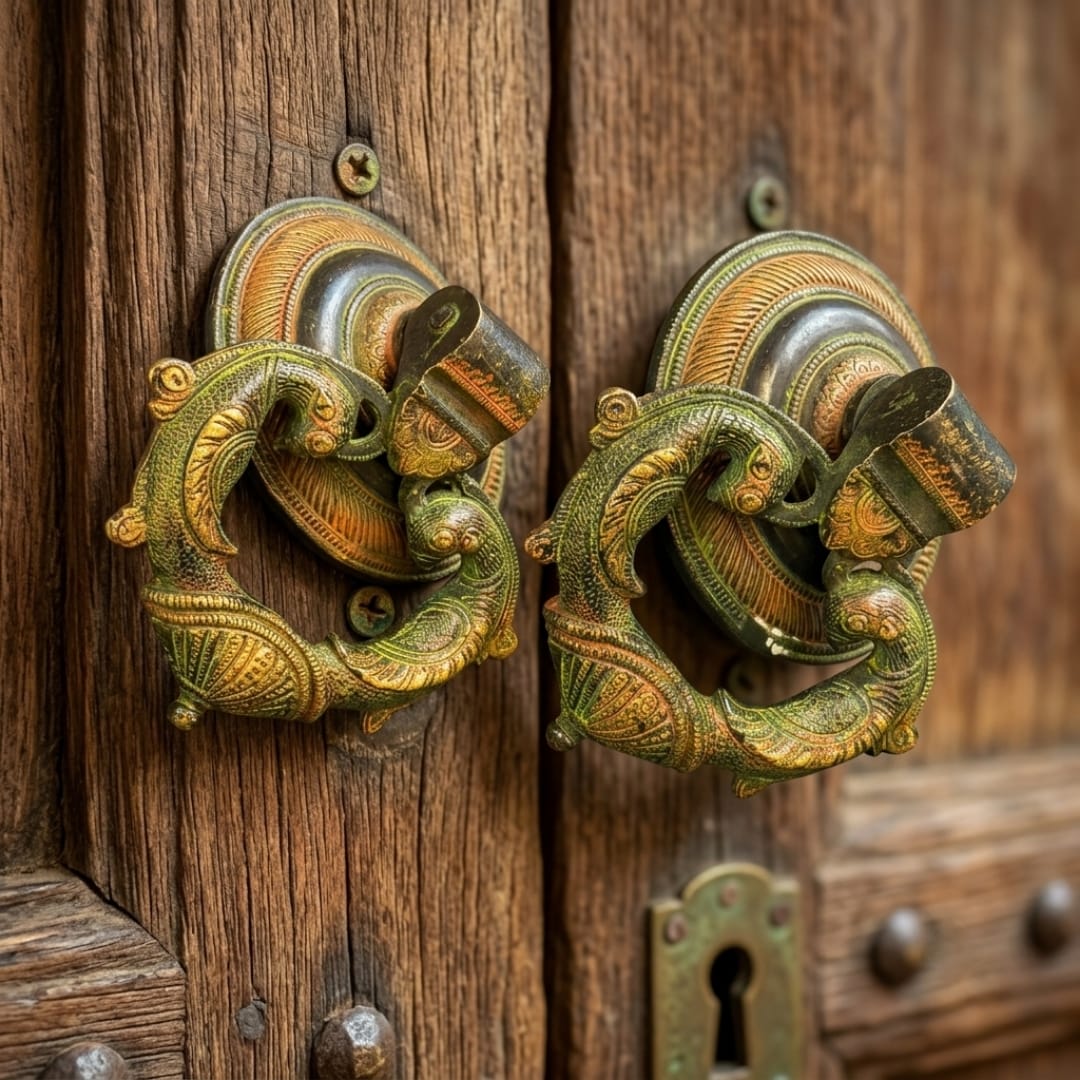 Antique Peetal Engraved Door Handles | Traditional Brass Door Knockers Pair | Made in 1960