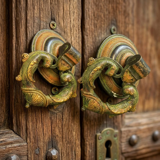 Antique Peetal Engraved Door Handles | Traditional Brass Door Knockers Pair | Made in 1960