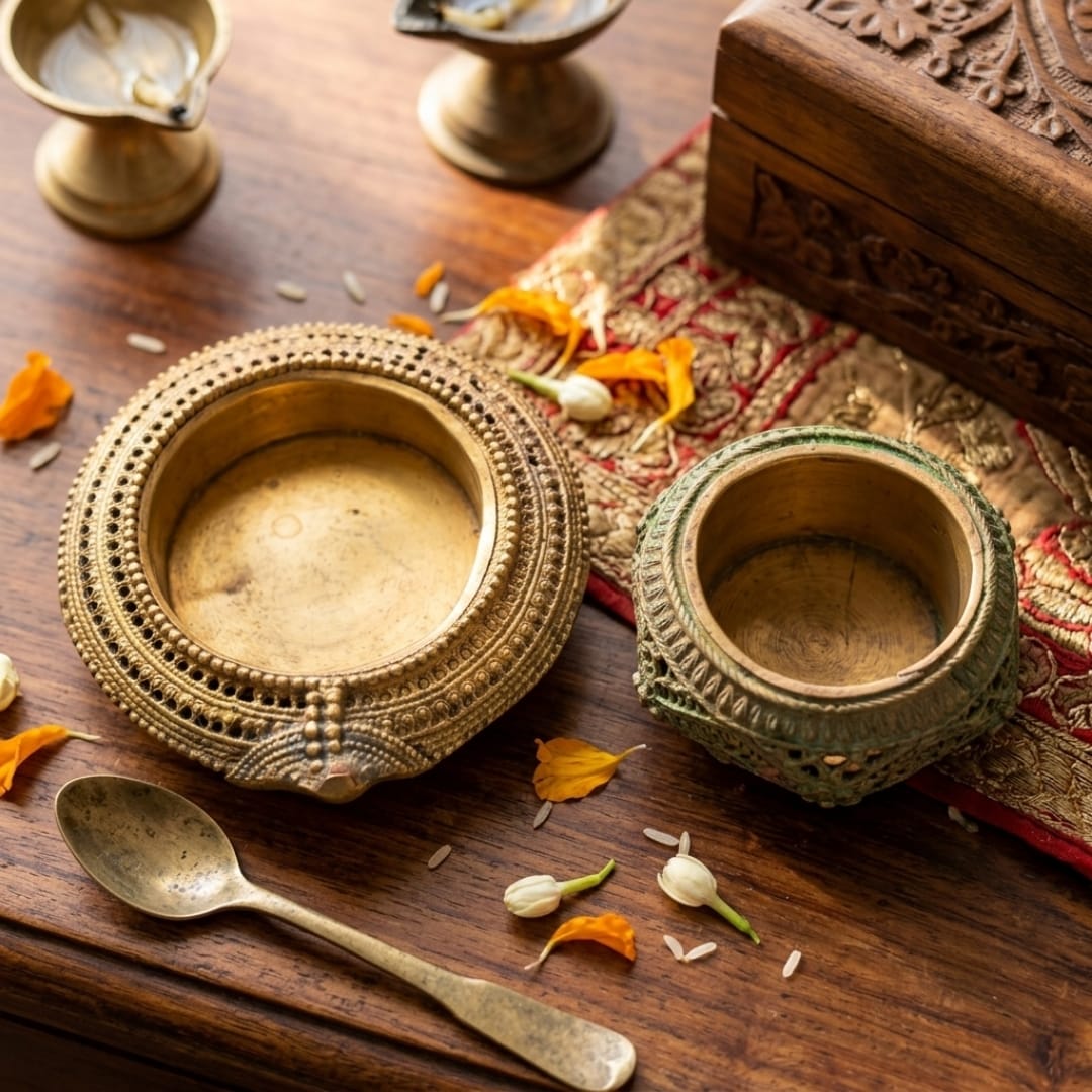 Antique Peetal Engraved Small Bowl Set | Traditional Brass Decorative Bowls Pair | Made in 1975