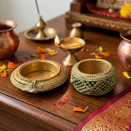 Antique Peetal Engraved Small Bowl Set | Traditional Brass Decorative Bowls Pair | Made in 1975