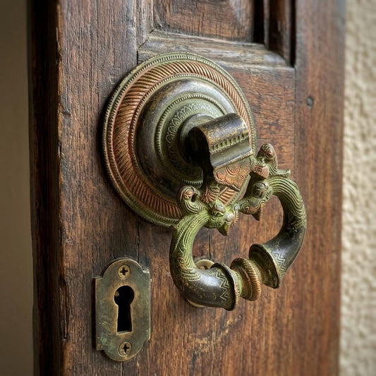 Antique Peetal Engraved Door Handle | Traditional Brass Door Knocker | Made in 1960 - Bombay Antiques