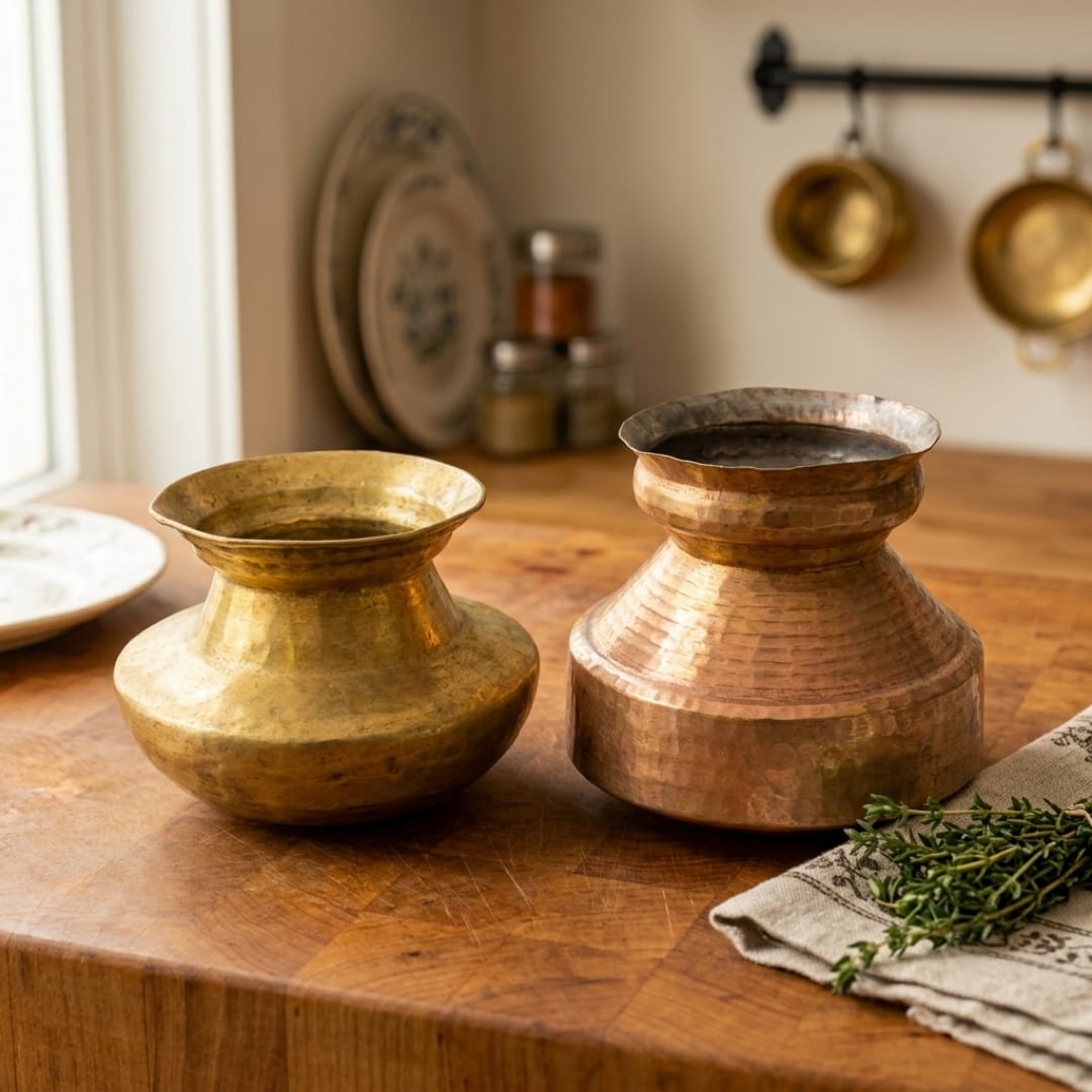 Antique Peetal Wide-Mouth Storage Pot Set | Traditional Brass Vessels Pair | Made in 1966