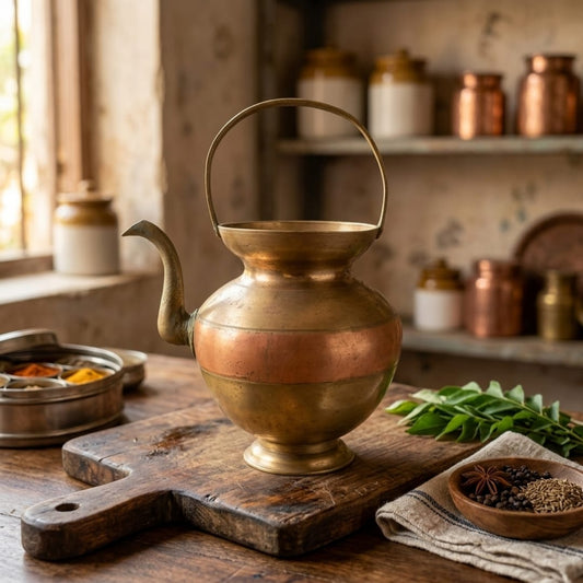 Antique Two-Tone Brass & Copper Spouted Water Vessel | Traditional Kamandal-Style Pot | Made in 1970