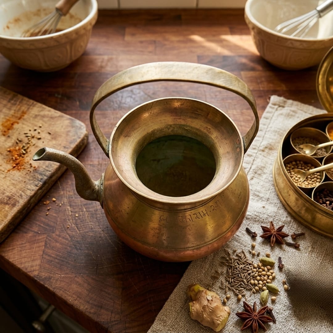 Antique Two-Tone Brass & Copper Spouted Water Vessel | Traditional Kamandal-Style Pot | Made in 1970