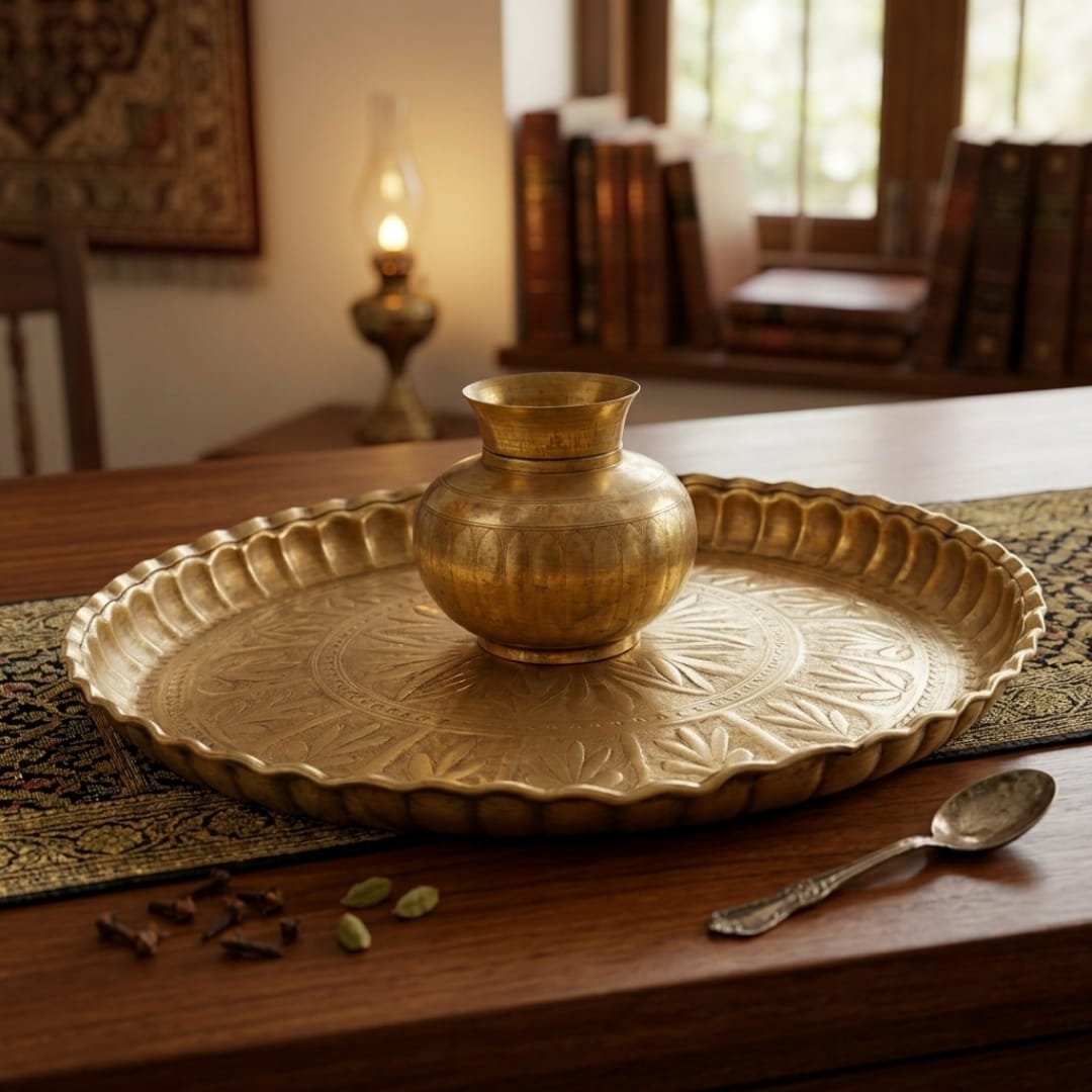 Antique Peetal Engraved Thal with Kalash | Traditional Brass Serving Plate and Vessel Set | Made in 1961