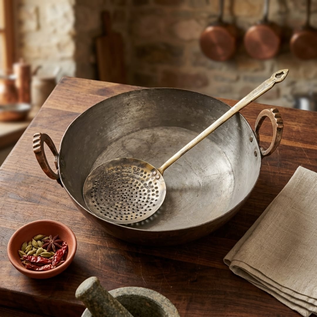 Antique Tamba Kadai with Perforated Ladle | Traditional Copper Deep Frying Pan | Made in 1976