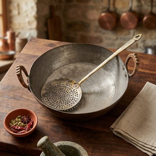 Antique Tamba Kadai with Perforated Ladle | Traditional Copper Deep Frying Pan | Made in 1976
