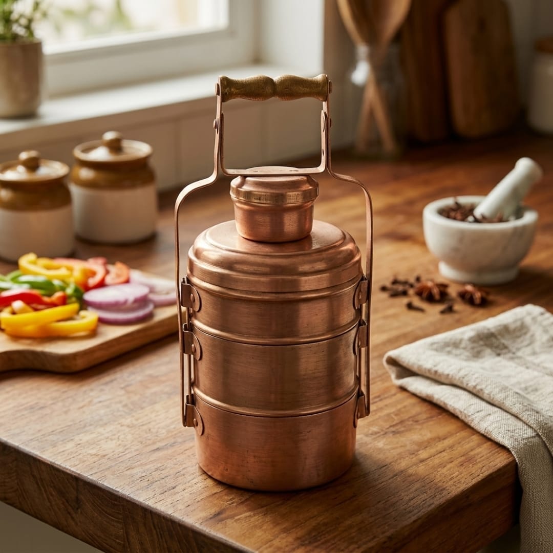 Antique Tamba Three-Tier Tiffin Carrier | Traditional Copper Lunch Box | Made in 1970