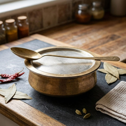 Antique Peetal Lidded Bhagona with Ladle | Traditional Brass Cooking Pot | Made in 1977