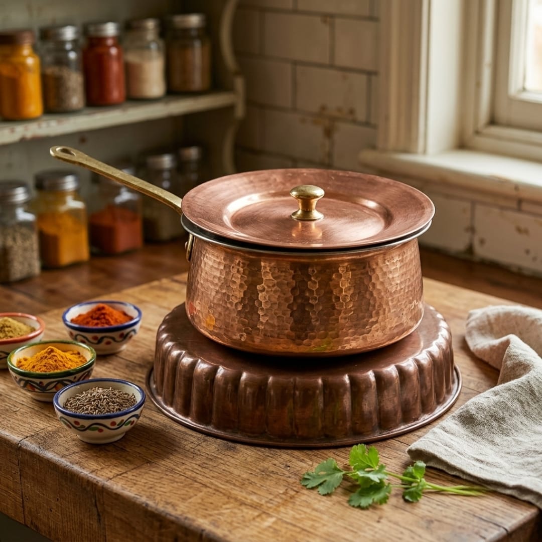 Antique Tamba Lidded Handi with Ladle | Traditional Copper Cooking Pot | Made in 1970