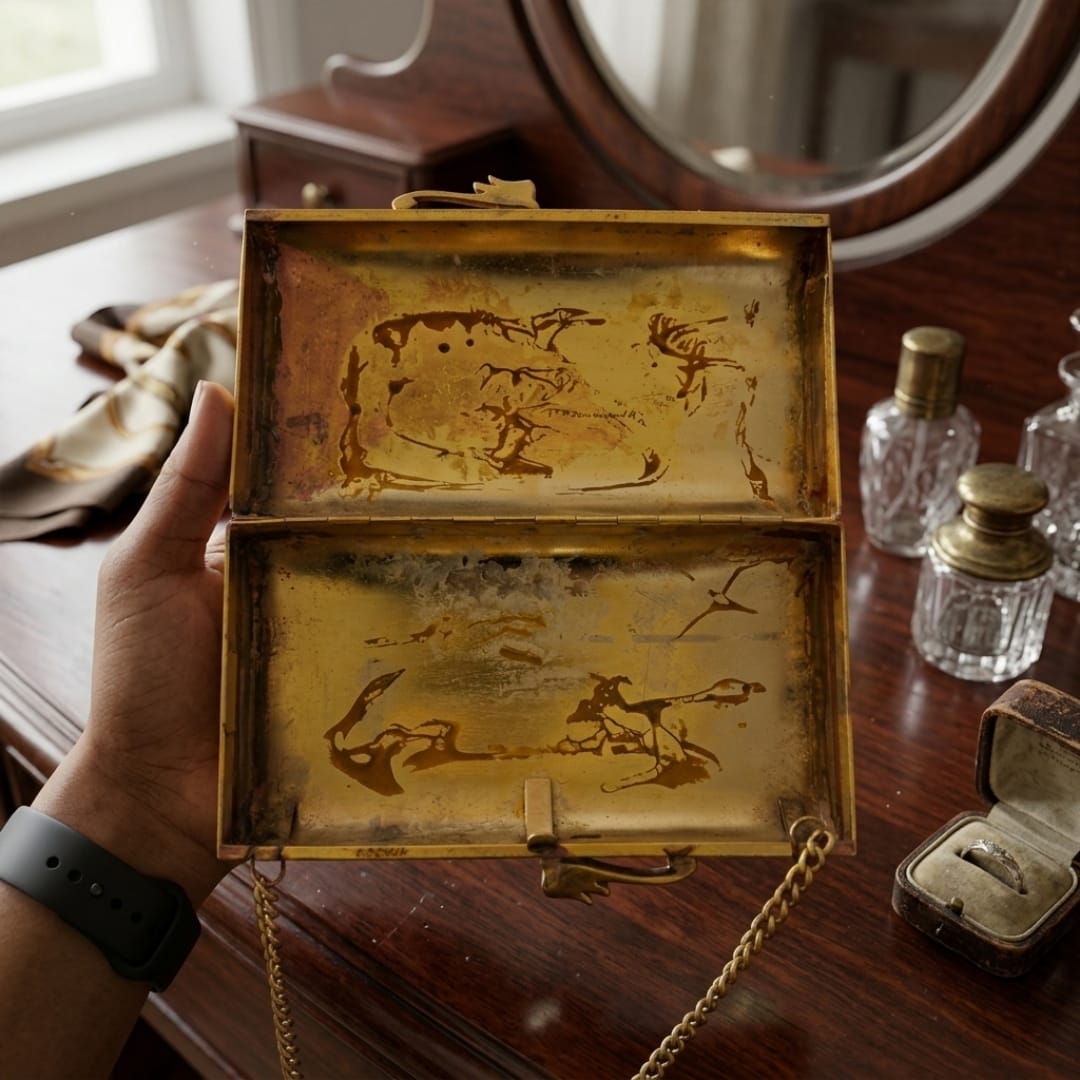 Antique Peetal Engraved Chain Box Purse | Traditional Brass Vanity Clutch | Made in 1980