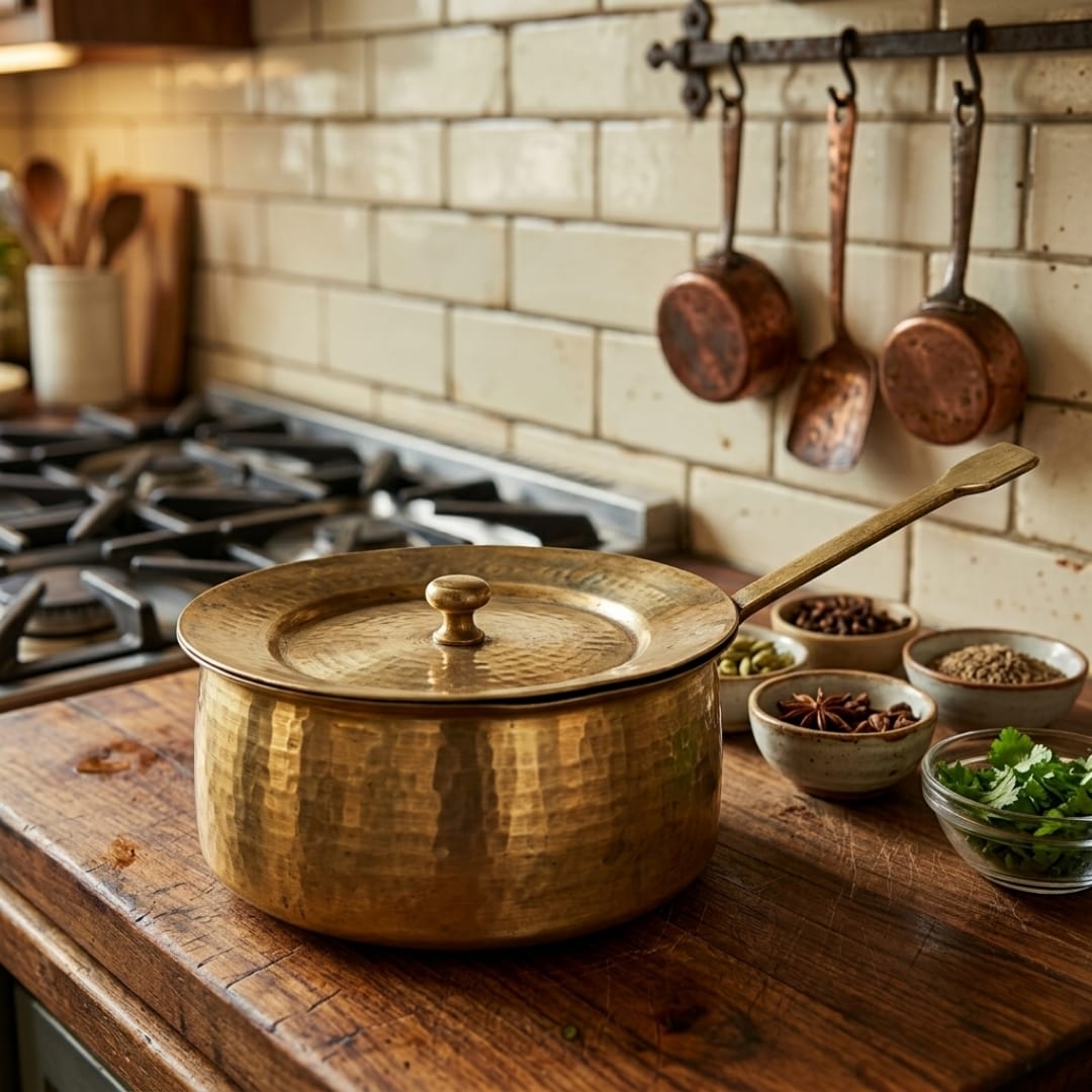 Antique Peetal Lidded Cooking Pot with Ladle | Traditional Brass Bhagona | Made in 1968