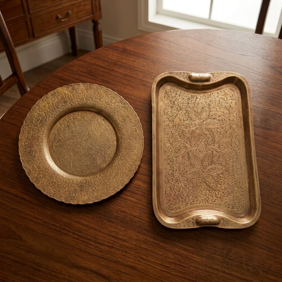 Antique Peetal Engraved Plate & Tray Set | Traditional Brass Serveware | Made in 1965