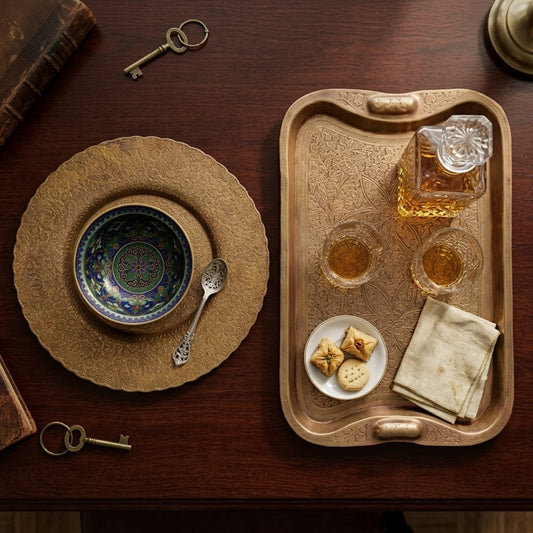 Antique Peetal Engraved Plate & Tray Set | Traditional Brass Serveware | Made in 1965 - Bombay Antiques
