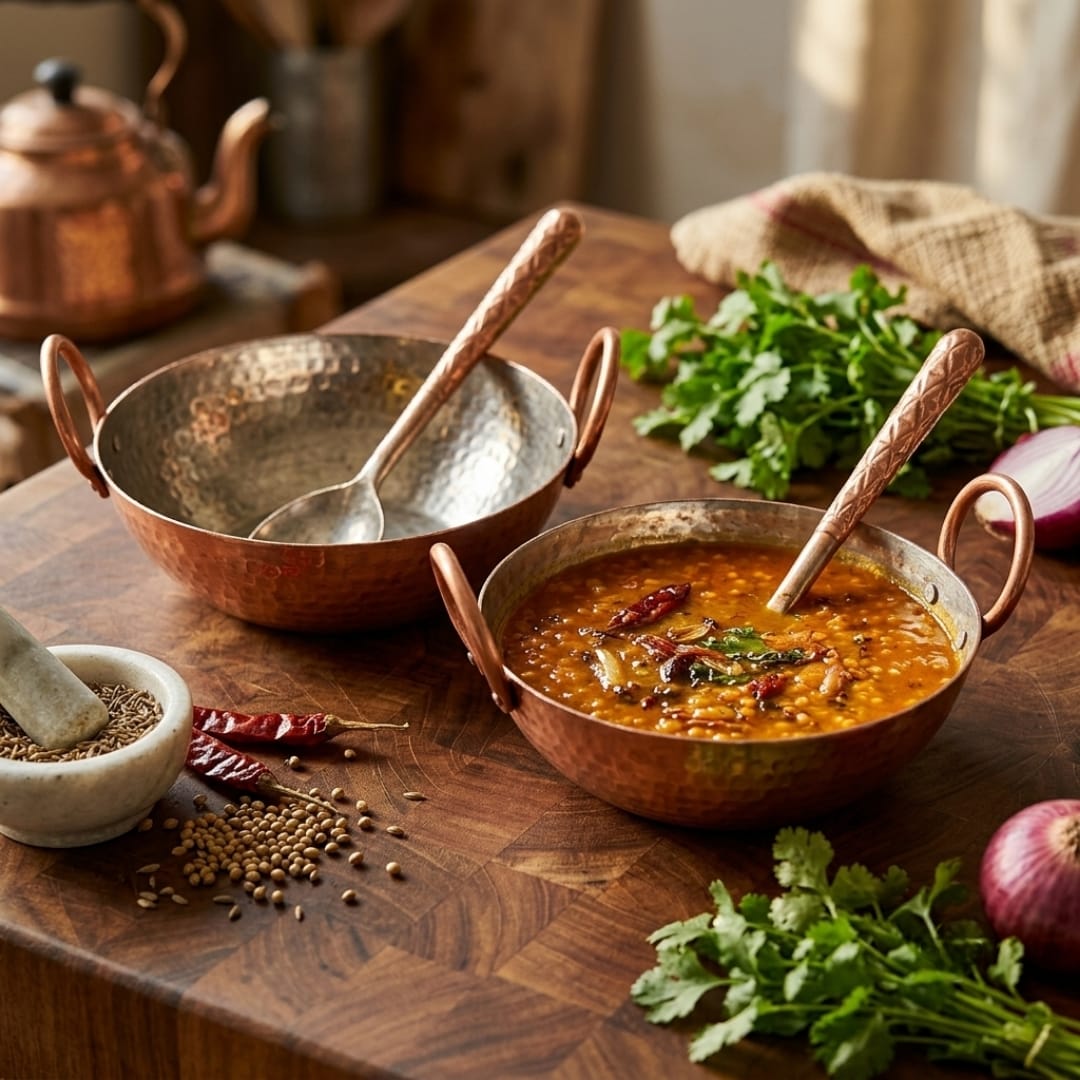 Antique Tamba Hammered Cooking Bowl Set | Traditional Copper Kadai with Handles | Made in 1978
