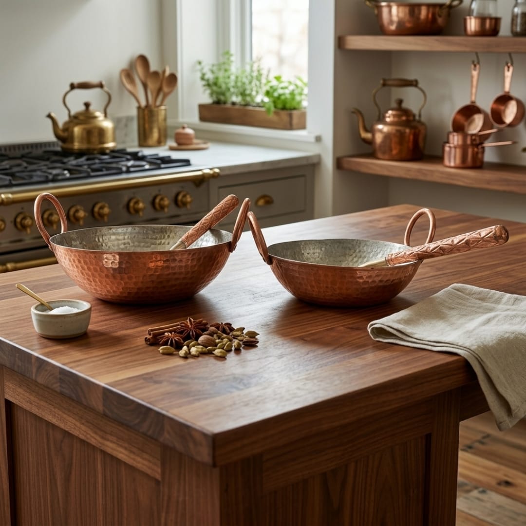 Antique Tamba Hammered Cooking Bowl Set | Traditional Copper Kadai with Handles | Made in 1978
