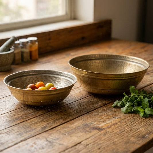 Antique Peetal Hammered Colander Bowl Set | Traditional Brass Perforated Serving Bowls | Made in 1984
