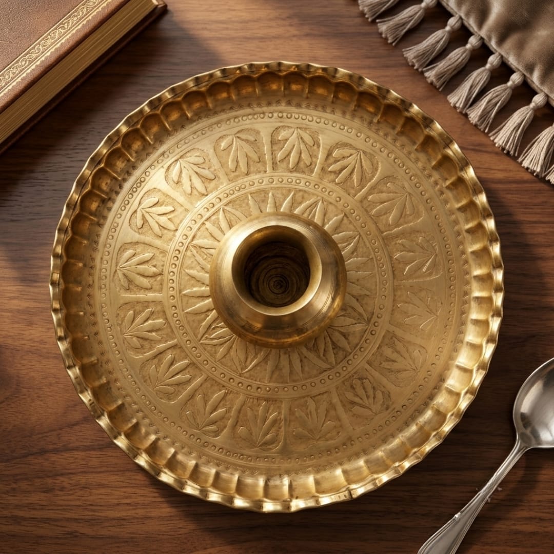 Antique Peetal Engraved Thal with Kalash | Traditional Brass Serving Plate and Vessel Set | Made in 1961