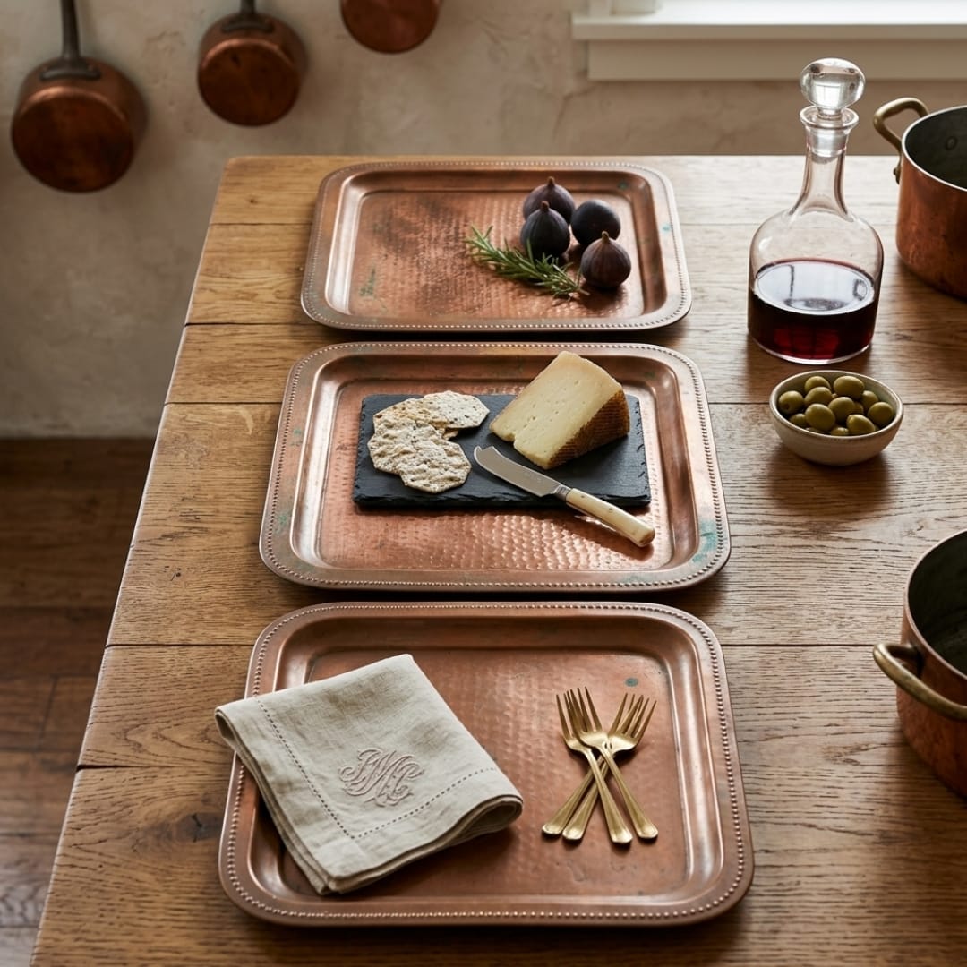 Antique Tamba Serving Trays Pair | Pure Copper Hammered Serving Platters | Made in 1982