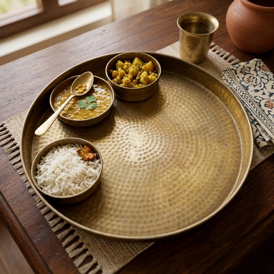 Antique Peetal Hammered Thali Set with Bowls & Spoon | Pure Brass Dining Set | Made in 1975
