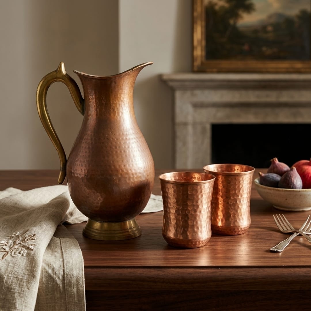 Antique Tamba Hammered Water Jug with 2 Glasses | Pure Copper Beverage Serving Set | Made in 1977