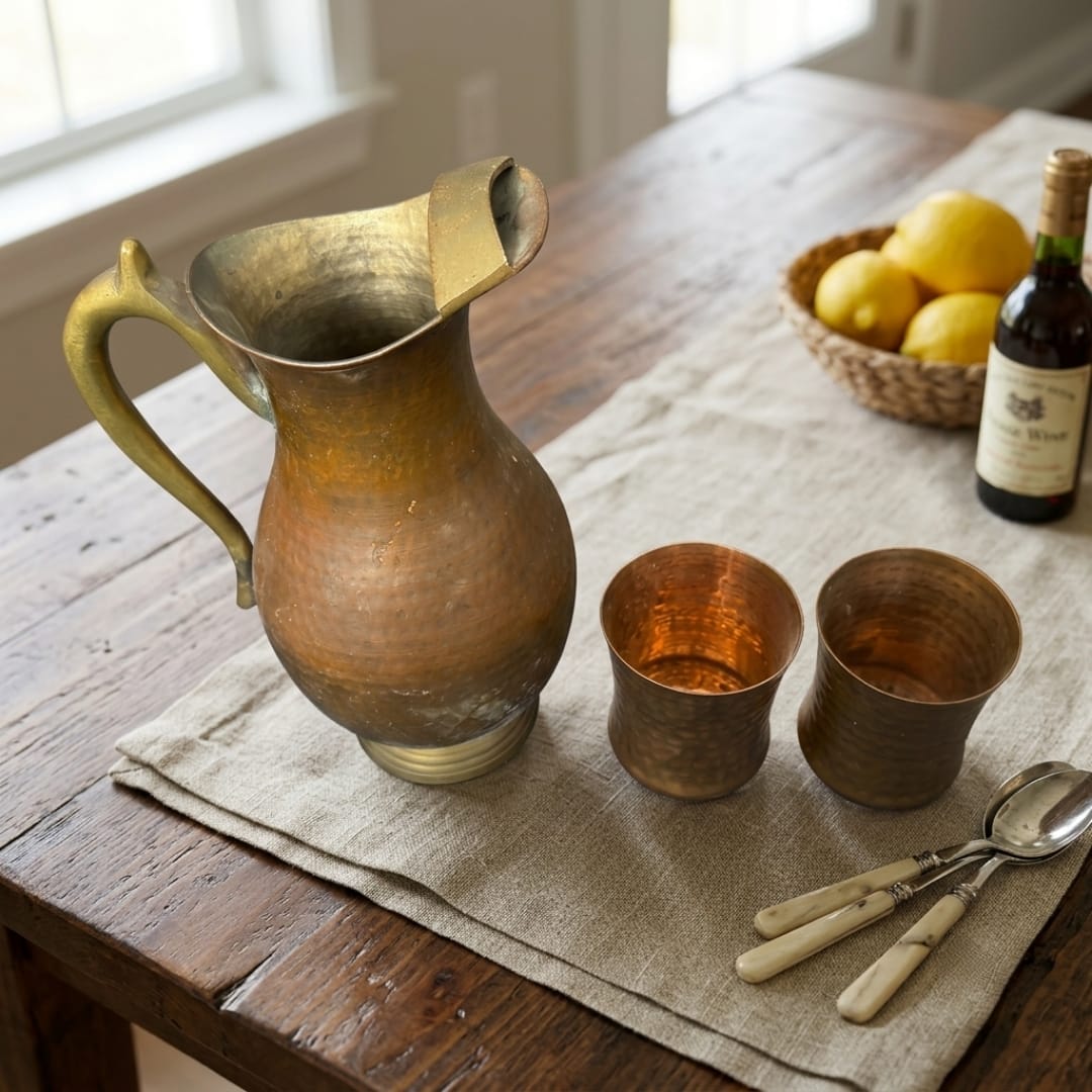 Antique Tamba Hammered Water Jug with 2 Glasses | Pure Copper Beverage Serving Set | Made in 1977