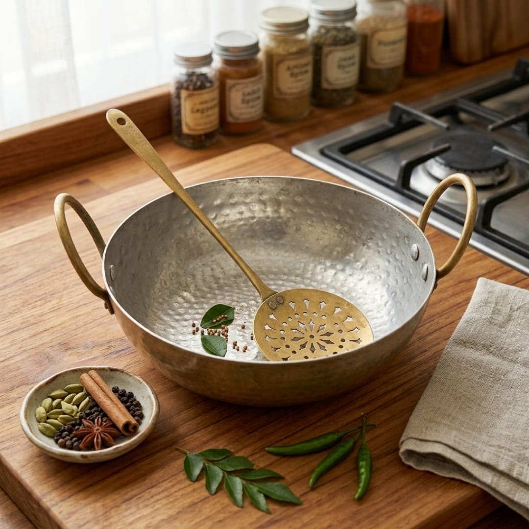 Antique Peetal Hammered Kadhai with Brass Jhara | Pure Brass Traditional Cooking Wok | Made in 1979