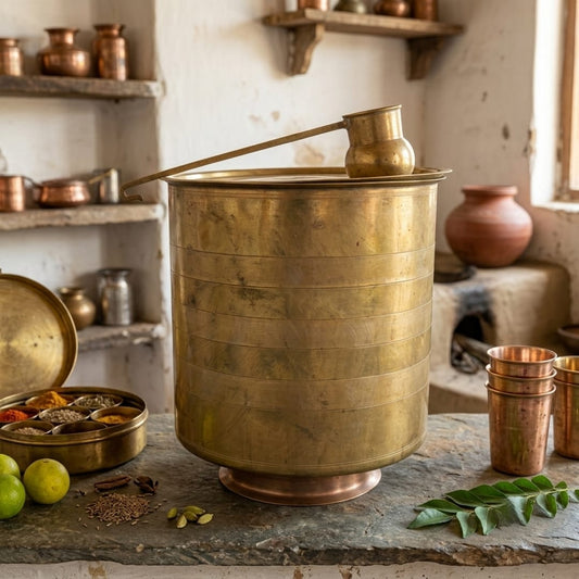 Antique Peetal Water Storage Vessel with Lid & Brass Ladle | Pure Brass Traditional Water Pot | Made in 1959