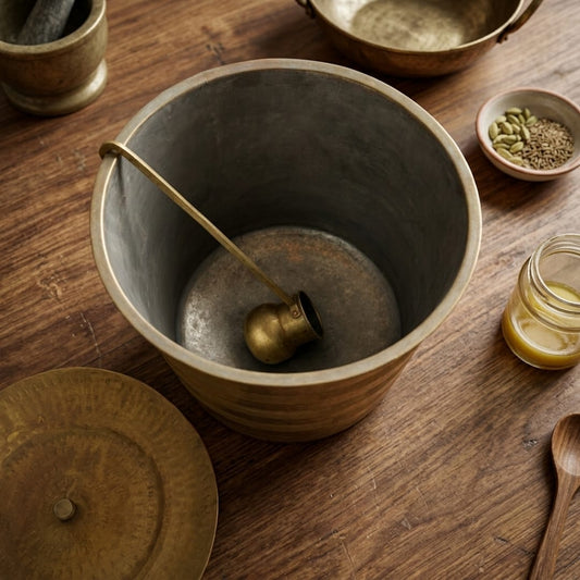 Antique Peetal Water Storage Vessel with Lid & Brass Ladle | Pure Brass Traditional Water Pot | Made in 1959