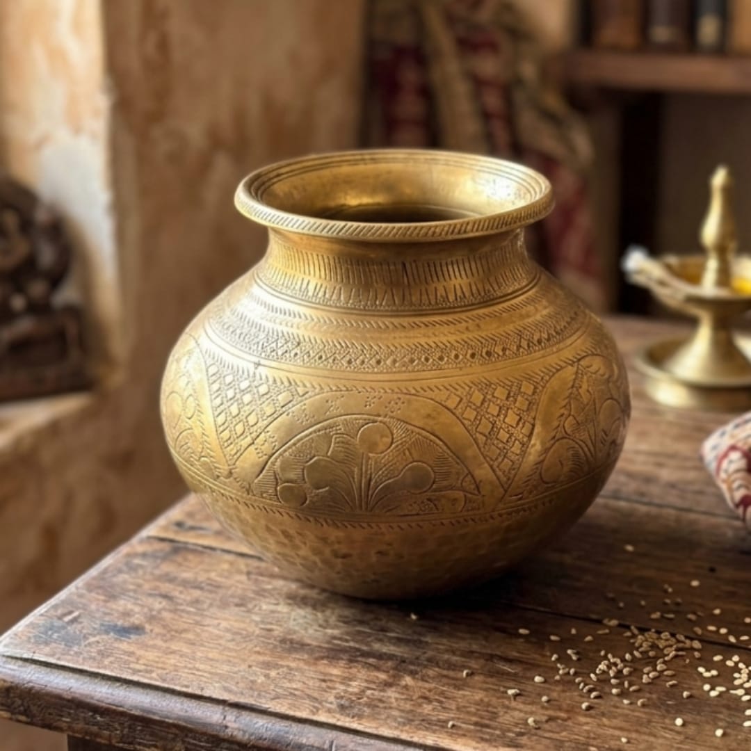 Antique Peetal Engraved Lota | Pure Brass Engraved Water Pot | Made in 1970
