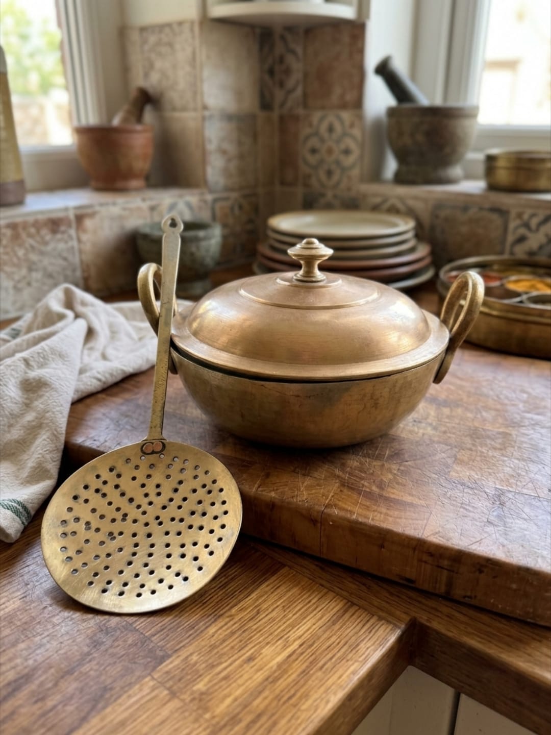 Antique Peetal Cooking Pot with Strainer | Pure Brass Cooking Vessel | Made in 1982