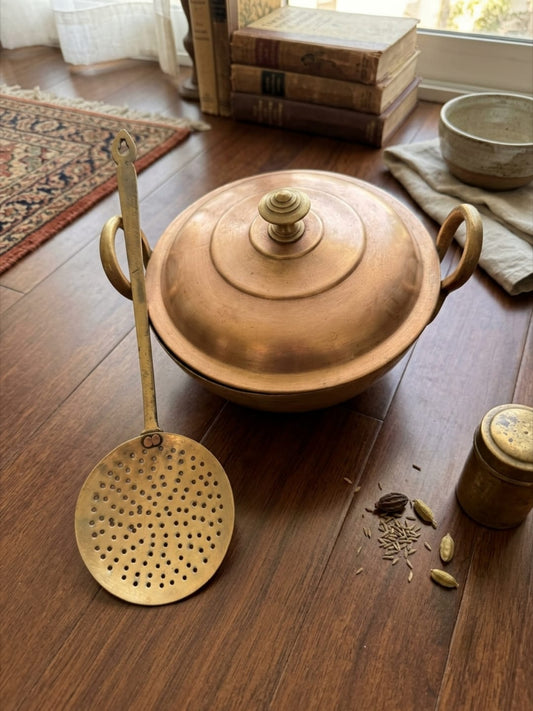 Antique Peetal Cooking Pot with Strainer | Pure Brass Cooking Vessel | Made in 1982