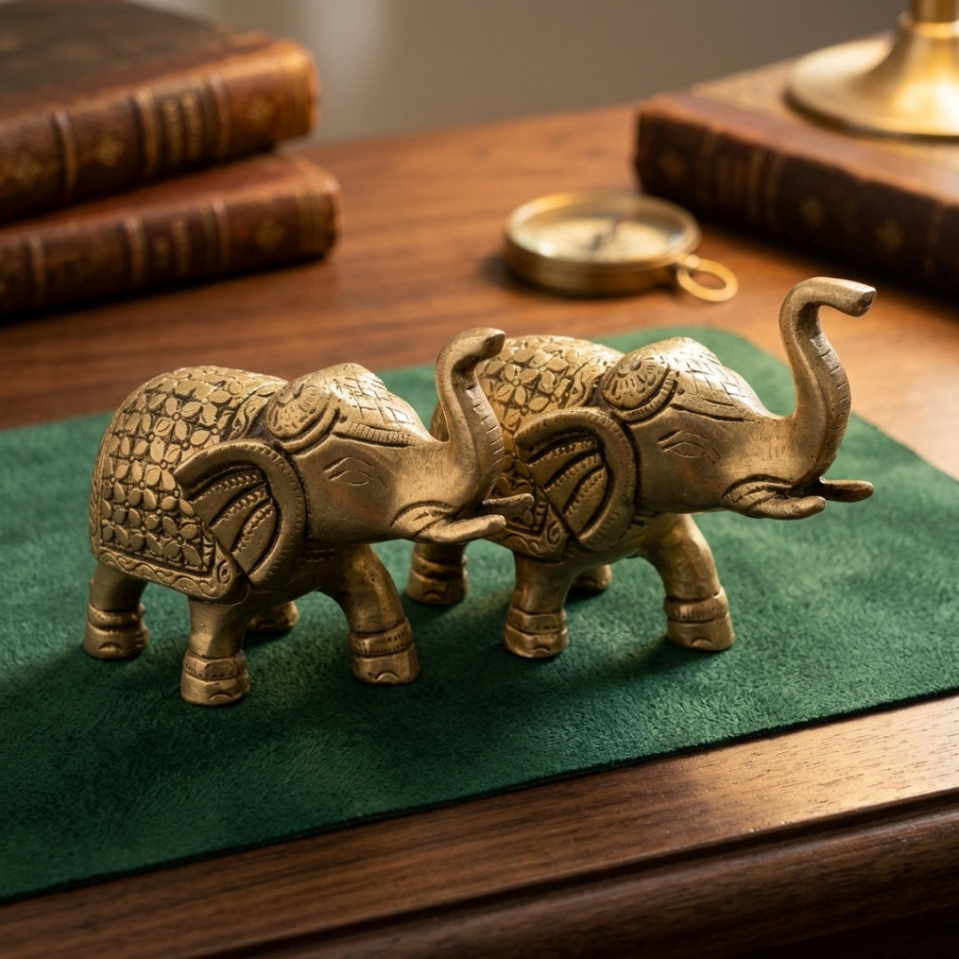 Antique Brass Elephant Figurines Set of 2 | Handcrafted Decorative Sculptures | Made in 1972