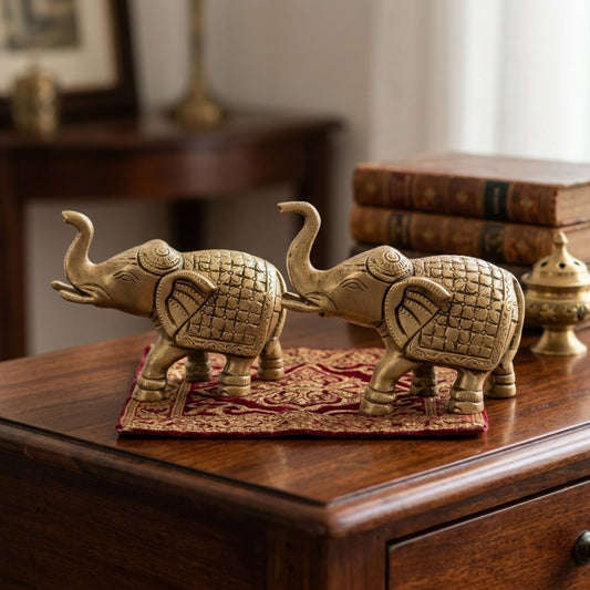 Antique Brass Elephant Figurines Set of 2 | Handcrafted Decorative Sculptures | Made in 1972