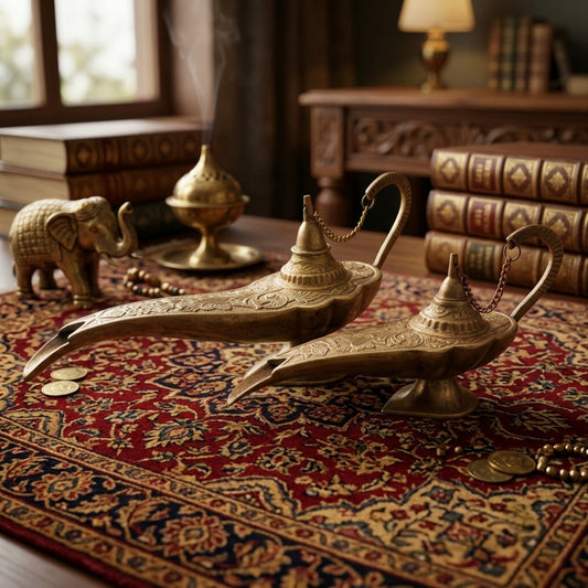 Antique Brass Aladdin Oil Lamps Set of 2 | Engraved Decorative Lighting | Made in 1971