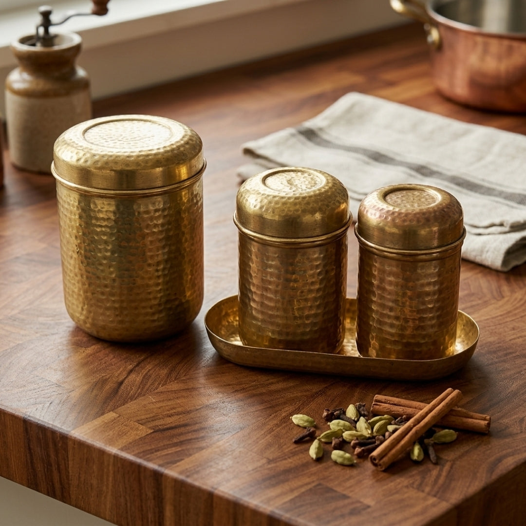Antique Hammered Brass Kitchen Storage Canister Set | Traditional Spice Container Collection | Made in 1970