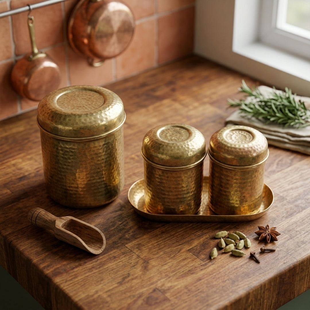 Antique Hammered Brass Kitchen Storage Canister Set | Traditional Spice Container Collection | Made in 1970